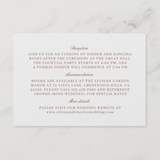 Klassieke terracotta & ecru bruiloft details informatiekaartje (Voorkant)