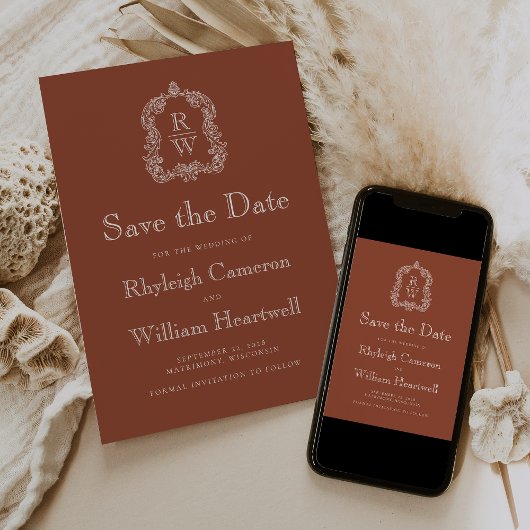 Klassieke Terracotta Monogram Crest Save The Date