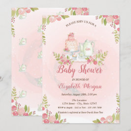 Klassieke theepot bloemige baby shower uitnodiging