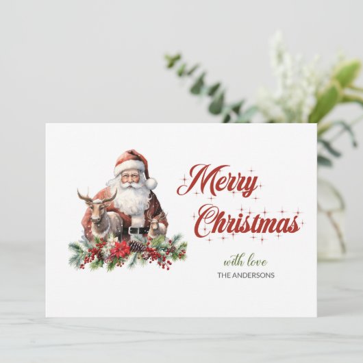 Klassieke tijdloze Kerstman met rendier | hulst Feestdagenkaart (Staand voorkant)