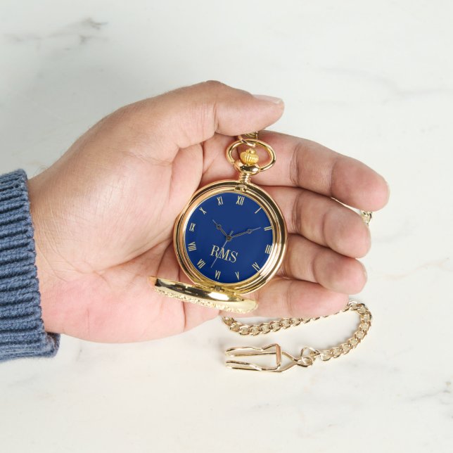 Klassieke Tijdstuk Marine Blauw Goud Monogram Pock Horloge (Hand)