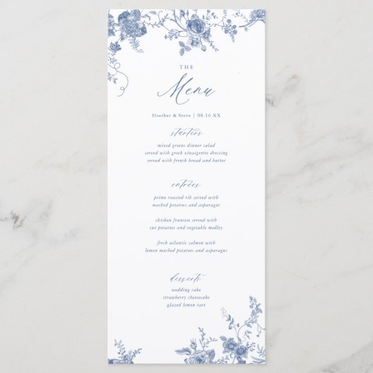 Klassieke Toile Blauw Bloemen Tafel Menu (Voorkant)