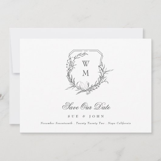 Klassieke traditionele blad monogram kuif save the date (Voorkant)
