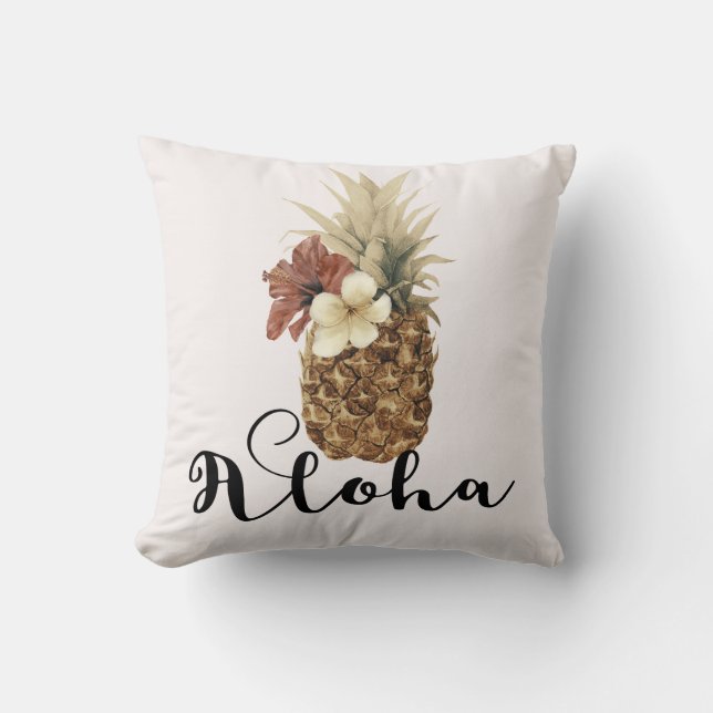 Klassieke Tropische Ananas Hibiscus Bloemen Aloha Kussen (Voorkant)