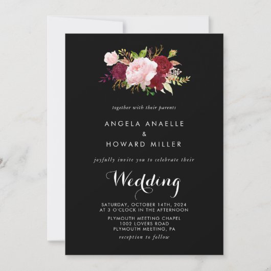 Klassieke Tropische Zwarte Bourgondische bruiloft Kaart (Voorkant)