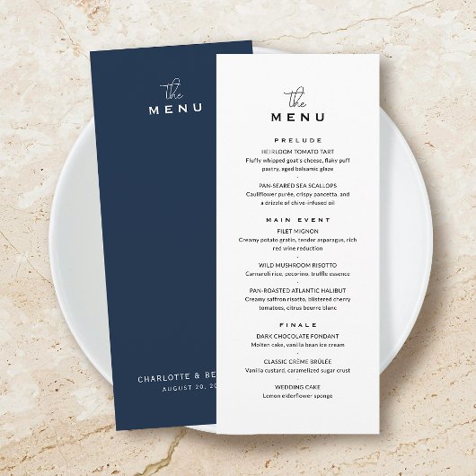 Klassieke Trouwmenu Kaart Chic Minimalistisch Navy