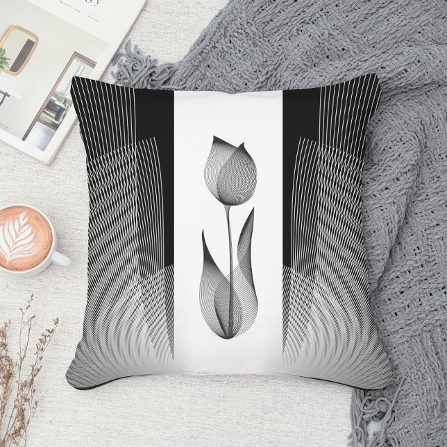Klassieke Tulp Zwart en Wit Bloemmotief Moire Mini Kussen (Creator heeft geüpload)