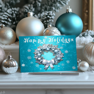 Klassieke Turquoise Blauw & Zilveren Krans Kerstmi Folie Feestdagenkaart