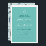 Klassieke Turquoise Blue Bar Mitswa Kaart<br><div class="desc">Deze klassieke,  eenvoudige en chique Bar Mitswa-uitnodiging heeft een turquoise blauwe achtergrond omlijst door een witte rand met de ster van David. De achterkant heeft een licht turquoise blauwe achtergrond met abstracte marineblauwe lijnpatronen. Personaliseer het voor uw behoeften. U kunt bijpassende producten vinden in mijn winkel.</div>