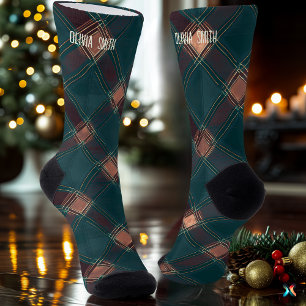Klassieke turquoise en bruine Kerstmis ruitjesprin Sokken