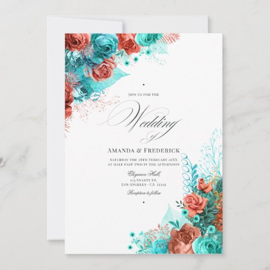 Klassieke Turquoise en Koraal Bloemen Trouwfoto Kaart (Voorkant)