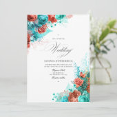 Klassieke Turquoise en Koraal Bloemen Trouwfoto Kaart (Staand voorkant)