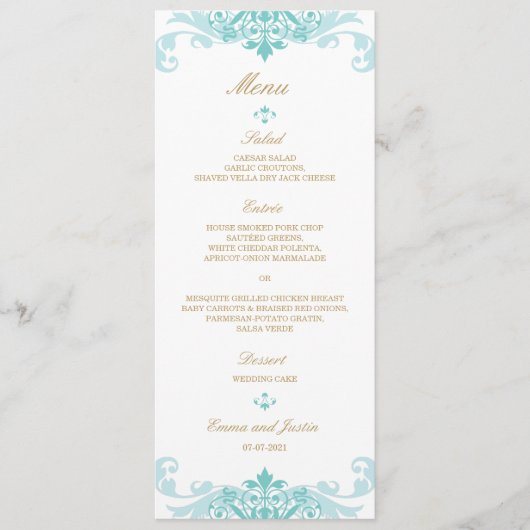 Klassieke Turquoise & Gold Elegant Ironworks Weddi Menu (Voorkant)