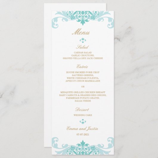 Klassieke Turquoise & Gold Elegant Ironworks Weddi Menu (Voorkant / Achterkant)
