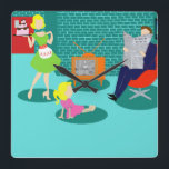 Klassieke tv-wandklok van 1950 vierkante klok<br><div class="desc">De Klassic Television Wall Clock uit 1950 heeft een perfecte familie uit 1950 in zijn natuurlijke habitat. Ze zitten in hun turkooizen en blauwgroen woonkamer. De vader leunt in zijn rode eierstoel terwijl hij de krant leest. De dochter wordt op de vloer uitgespoten in een mooie, roze vork. Haar blonde...</div>