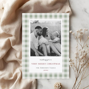 Klassieke Tweekantige Familiefoto met Salie Gingha Feestdagenkaart