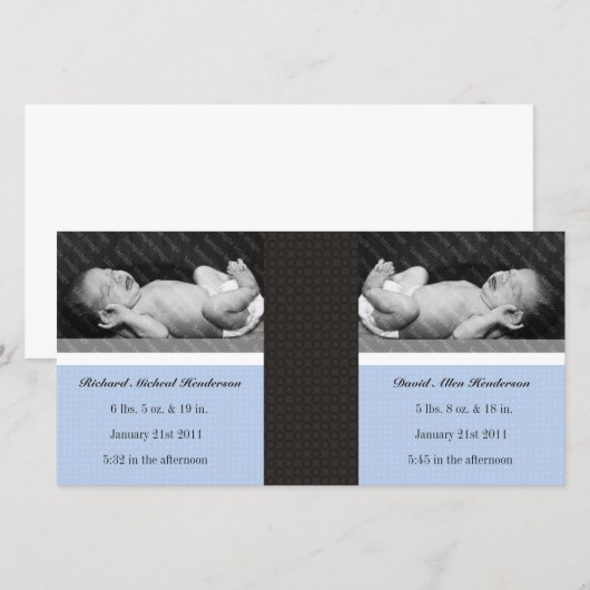 Klassieke Twin Boys Dubbele Nieuwe Baby Foto Kaart (Voorkant / Achterkant)