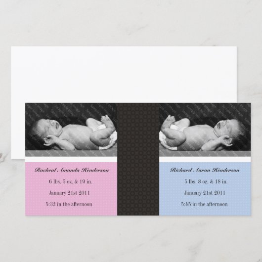 Klassieke Twin Girl Boy Dubbele Nieuwe Baby Foto K Aankondiging (Voorkant / Achterkant)