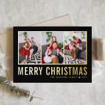 Klassieke typografie Foto Collage Black Kerstmis Folie Feestdagenkaart<br><div class="desc">Vrolijk kerstfeest! Stuur dit seizoen uw wensen met deze aanpasbare kerstfotocollage. Het bevat eenvoudige typografie. Personaliseer door drie foto's,  namen,  jaar en andere details toe te voegen. Deze moderne goudfolie kerstkaart is ook verkrijgbaar in andere kleuren en in kartonnen dozen.</div>