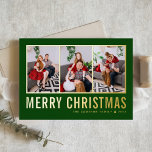Klassieke typografie Foto Collage Green Kerstmis Folie Feestdagenkaart<br><div class="desc">Vrolijk kerstfeest! Stuur dit seizoen uw wensen met deze aanpasbare kerstfotocollage. Het bevat eenvoudige typografie. Personaliseer door drie foto's,  namen,  jaar en andere details toe te voegen. Deze moderne goudfolie kerstkaart is ook verkrijgbaar in andere kleuren en in kartonnen dozen.</div>