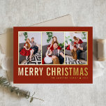 Klassieke typografie Foto Collage Red Kerstmis Folie Feestdagenkaart<br><div class="desc">Vrolijk kerstfeest! Stuur dit seizoen uw wensen met deze aanpasbare kerstfotocollage. Het bevat eenvoudige typografie. Personaliseer door drie foto's,  namen,  jaar en andere details toe te voegen. Deze moderne goudfolie kerstkaart is ook verkrijgbaar in andere kleuren en in kartonnen dozen.</div>