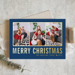 Klassieke Typografie Fotocollage Blauwe Kerstmis Folie Feestdagenkaart<br><div class="desc">vrolijk kerstfeest! Stuur je warme wensen dit seizoen met deze aanpasbare kerstfotocollage kaart. Het bevat een eenvoudige typografie op een blauwe achtergrond. Personaliseer door drie foto's,  namen,  jaar en andere details toe te voegen. Deze moderne gouden folie kerstkaart is verkrijgbaar in andere kleuren en karton.</div>