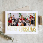 Klassieke typografie Fotocollage kerst Folie Feestdagenkaart<br><div class="desc">Vrolijk kerstfeest! Stuur dit seizoen uw wensen met deze aanpasbare kerstfotocollage. Het bevat eenvoudige typografie. Personaliseer door drie foto's,  namen,  jaar en andere details toe te voegen. Deze moderne goudfolie kerstkaart is ook verkrijgbaar in andere kleuren en in kartonnen dozen.</div>