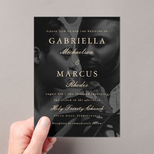 Klassieke typografie-overlay fotobruiloft acryl uitnodigingen (Insitu (Draagbaar))