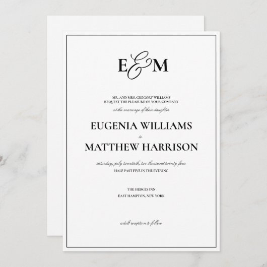 Klassieke uitnodiging tot weddenschap op monogram (Voorkant / Achterkant)