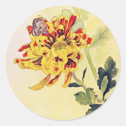 Klassieke ukiyo-e chrysanthemum butterfly ronde sticker (Voorkant)
