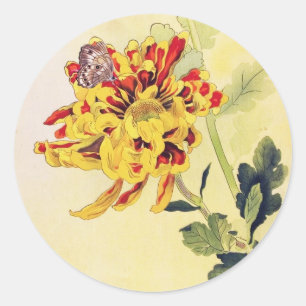 Klassieke  ukiyo-e chrysanthemum butterfly ronde sticker