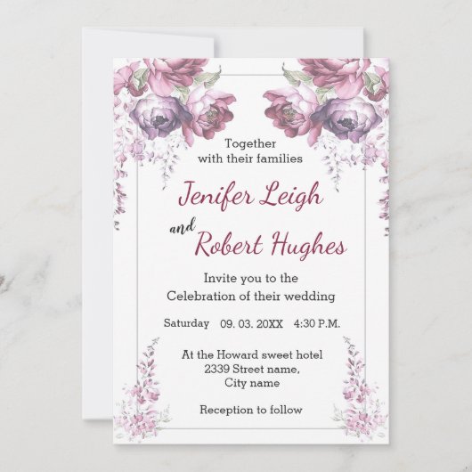 Klassieke Ultra violette en roze bloemenbruiloft Kaart (Voorkant)