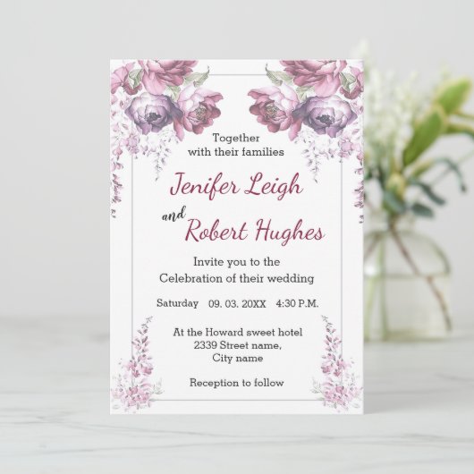 Klassieke Ultra violette en roze bloemenbruiloft Kaart (Staand voorkant)