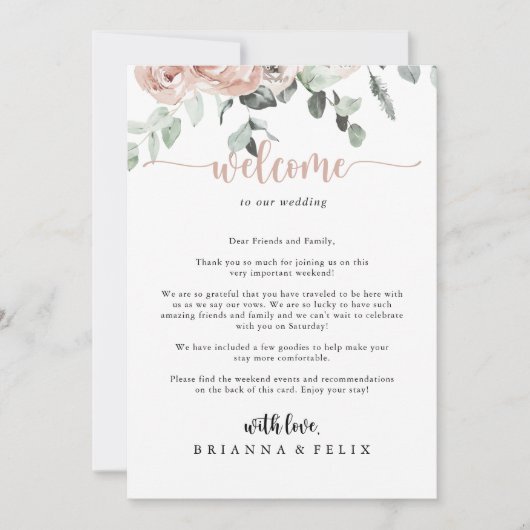 Klassieke usty roze roze bruiloft Welkomstbrief Kaart (Voorkant)