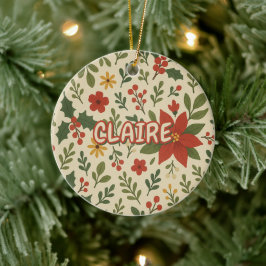 Klassieke Vakantie Rood Groen Bloemen Pine Berries Keramisch Ornament