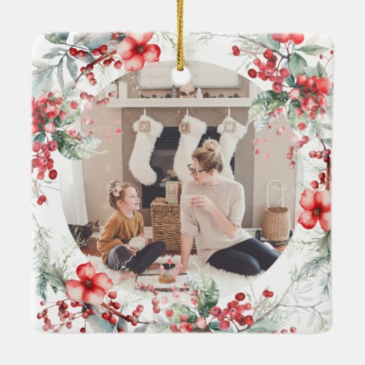 Klassieke vakantiebessen Foto Monogram Keramisch Ornament (Achterkant)