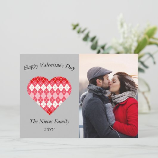 Klassieke Valentijn rood en roze argyle (grijs) Feestdagenkaart (Staand voorkant)