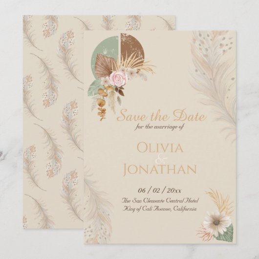Klassieke Veer Boho Beige Trouw Save the Date Kaart (Voorkant / Achterkant)