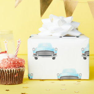 Klassieke verjaardagsauto's in het blauw cadeaupapier