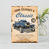 Klassieke verjaardagsuitnodiging met vintage blauw kaart (Staand voorkant)