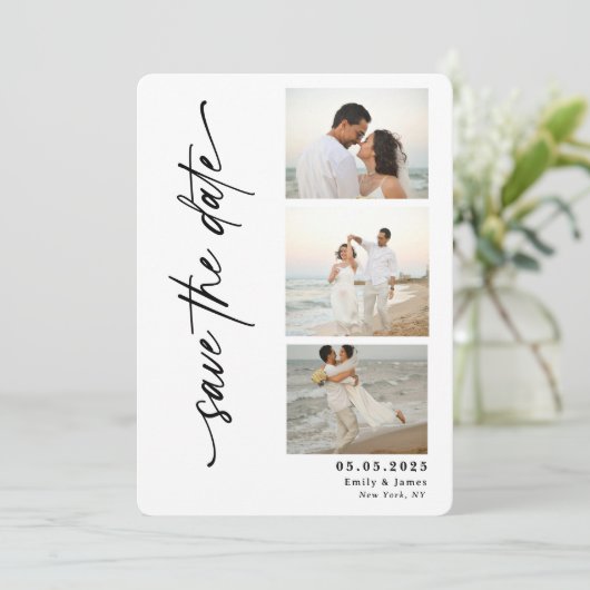 Klassieke Verticale Script Fotostrip Trouwen Save The Date (Staand voorkant)