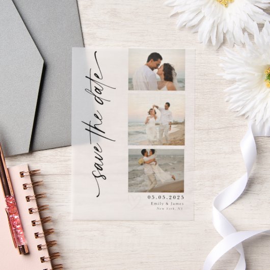 Klassieke Verticale Script Fotostrip Trouwen Vellum Uitnodigingen (Huwelijk)