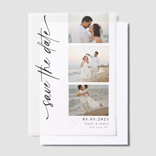 Klassieke Verticale Script Fotostrip Trouwen Vellum Uitnodigingen (Offset)