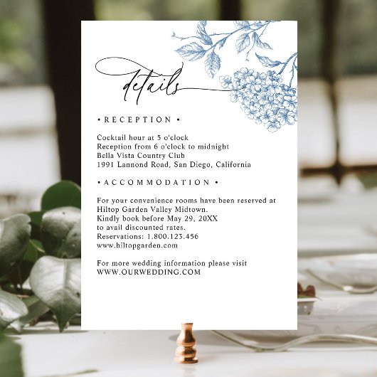 Klassieke Victoriaans Blauwe Bloemen Huwelijk Informatiekaartje