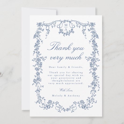 Klassieke Victoriaans Franse Blauwe Bloemen Trouwf Bedankkaart (Voorkant)