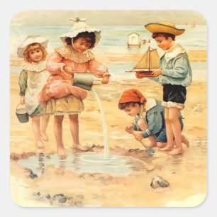 Klassieke Victoriaanse Kinderen Aan Het Strand Fij Vierkante Sticker