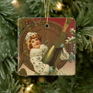 Klassieke Victoriaanse Oud en Nieuw Champagne Enge Keramisch Ornament
