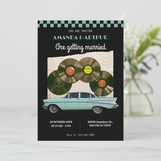 Klassieke vintage auto bruiloft kaart (Staand voorkant)