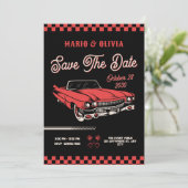 Klassieke vintage auto bruiloft save the date (Staand voorkant)