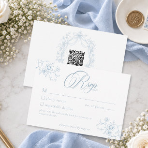 Klassieke Vintage Blauwe Bloemenkrans Trouw QR RSVP Kaartje